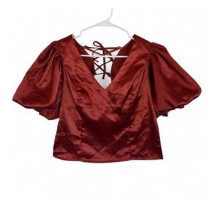 Milk & Honey Puff Sleeve Satin Crop Top Burnt Red Back Tie V-Neck‎ Medium
